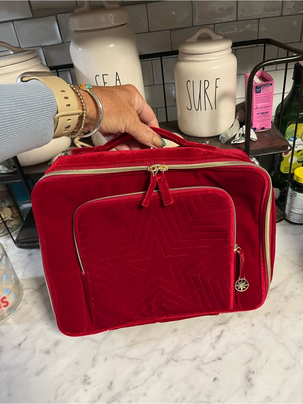 Estee Lauder Red Velvet Quilted Star Cosmetic Case NWOY